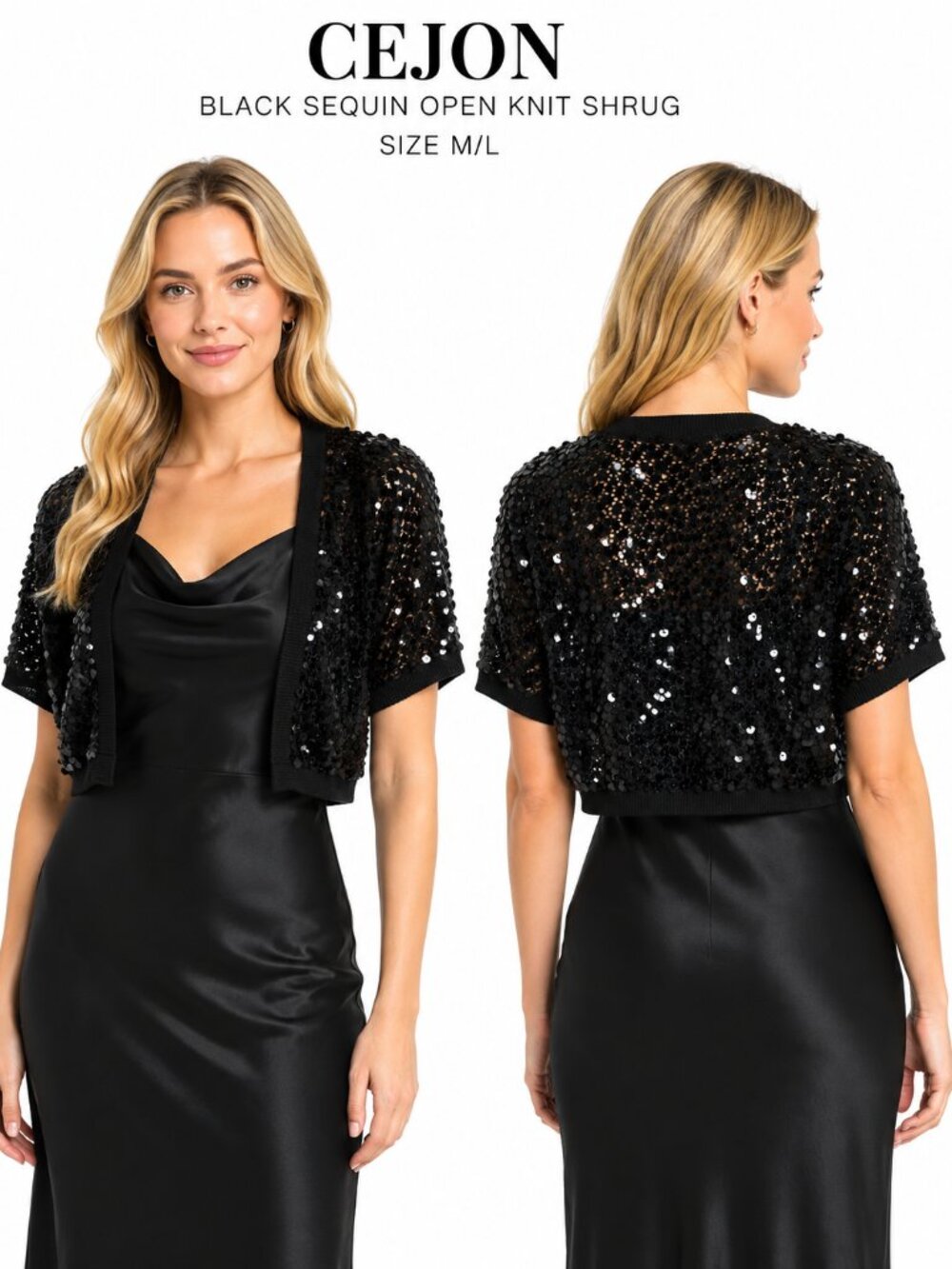 Cejon Black Sequin Open Knit Bolero Shrug Women’s M/L Y2K Coquette Party Glam